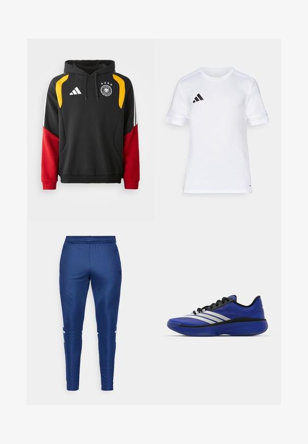 Sort hette med røde og gule detaljer, med en frontlomme, snøring i hetten, og tysk fotballmerke med tre stjerner.; Hvit kortermet sportsskjorte med svart tre-stripe-design på skuldrene og logo på venstre bryst. Glatt, lett stoff.; Mørkeblå treningsbukser med en glatt og jevn tekstur, med hvite sidestiper, elastisk midje og en smalere ben design.; adidas Performance ADIZERO SELECT 3.0 - Basketballsko - lucid blue/core black/metallic
