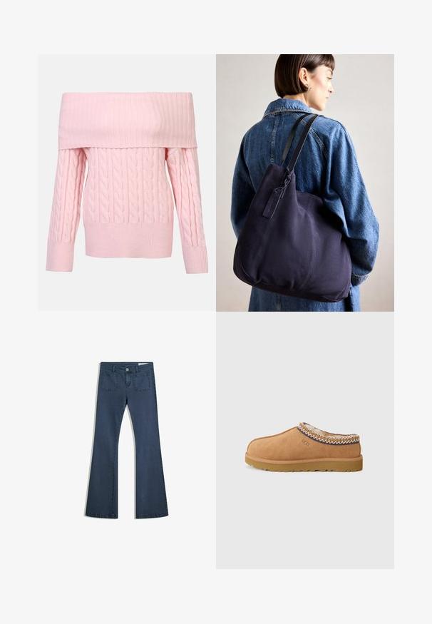 Pulover roz, cu umerii descoperiți, cu guler ribatat, model cu tricotaj în cablu și mâneci lungi. Textură moale și croială scurtă.; Jeans din denim de un albastru închis, cu o croială evazată, buzunare cusute, închidere cu nasture și o textură netedă. Are un design clasic cu cinci buzunare.; Shoe slip-on din suede bej, cu o căptușeală textilă din lână și broderie decorativă de stil etnic în jurul gulerului. Prezintă o talpă din cauciuc.; Geantă de umăr din pânză navy cu o formă moale și structurată, având o curea neagră, detalii cusute și un eticheta mică a brandului.