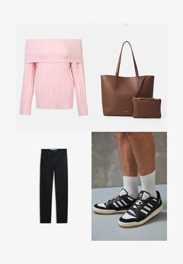 Váll nélküli rózsaszín pulóver bordás nyakkivágással, fonott mintával és hosszú ujjakkal. Puha tapintás és rövid fazon.; Fekete farmernadrág egyenes szárú fazonnal, öt zsebbel, fémből készült gombzárral és diszkrét varrási részletekkel. Sima textura.; Fekete-fehér tornacipők velúr és bőr felsőrésszel, három fehér csíkkal, perforált orral és gumi talppal.; Barna műbőr válltáska két hosszú fogantyúval és egy matching kis tárolóval. A felülete textúrás mintázatú, arany színű fém díszítésekkel.