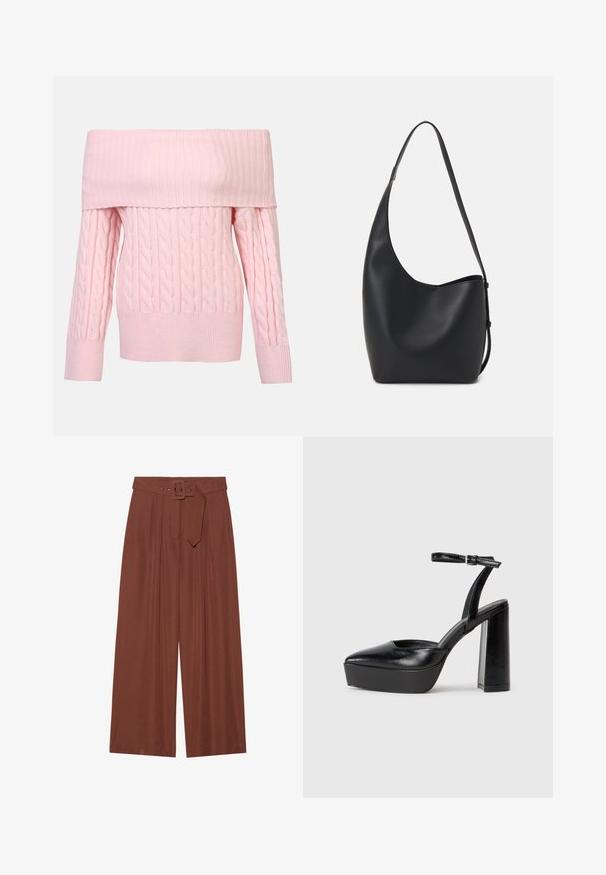 Rosa schulterfreier Pullover mit geripptem Ausschnitt, Kabelstrickmuster und langen Ärmeln. Weicher Stoff und cropped Schnitt.; Braune Weitbeinehosen aus Stoff, mit einem Gürtel mit eckiger Schnalle, gefältetem Design und glatter Textur.; Schwarze Plateau-High Heels mit spitzem Zeh und verstellbarem Knöchelriemen. Gefertigt aus glattem Leder und mit einem klobigen Blockabsatz.; Schwarze Leder-Hobo-Tasche mit einer glatten Textur, geschwungener Form und einem einzelnen verstellbaren Tragegurt; verfügt über eine weite Öffnung am oberen Ende.