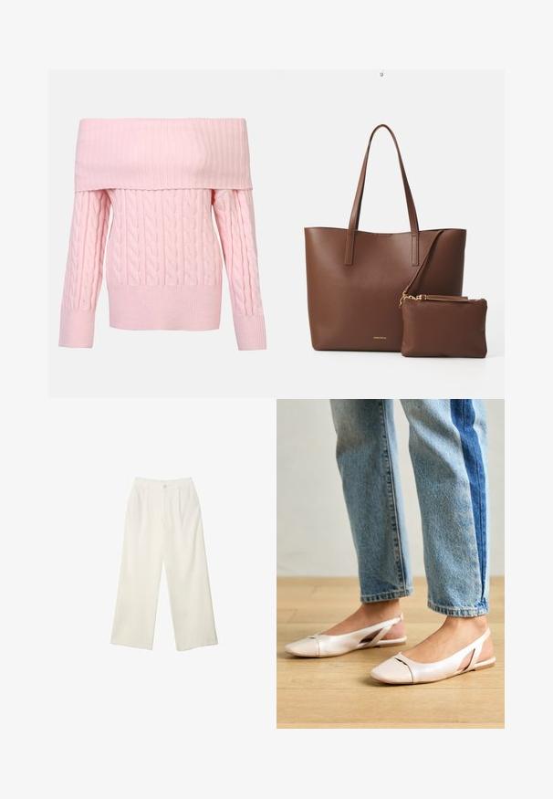 Maglione rosa con scollo a spalle scoperte, colletto a coste, motivo a trecce e maniche lunghe. Texture morbida e vestibilità cropped.; Pantaloni a gamba larga in tessuto crema con una texture liscia, caratterizzati da un singolo bottone frontale, pieghe sottili e un design a vita alta.; Ballerine slingback rosa pallido con punta affusolata, realizzate in un materiale simile alla pelle liscio. Presentano dettagli a taglio sui lati e un tacco piatto.; Borsa a tote in finta pelle marrone con due manici lunghi e una piccola pochette coordinata. La superficie presenta un motivo testurizzato e dettagli in metallo dorato.