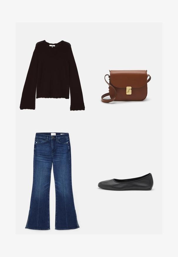 Mørkebrun striktrøje med ribbet halsudskæring, lange ærmer og bølget kant med dekorativ åben mønster langs kanterne.; Mørkeblå flagrende jeans lavet af denim. Har høj talje, forlommer og splitdetaljer i kanten. Klassisk fem-lomme design.; Sort læderballetsko med rund tå, glat tekstur, minimal syning og et fleksibelt såldesign.; Brun læder håndtaske med flaplukning, hardware i gyldent tone, en skulderrem og en glat overflade. Kompakt rektangulær form.