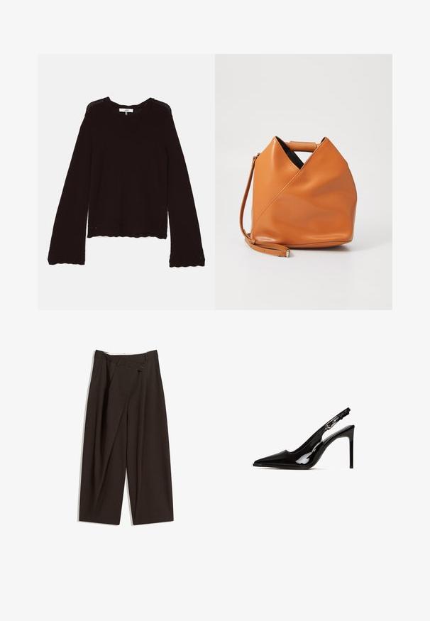 Mørkebrun striktrøje med ribbet halsudskæring, lange ærmer og bølget kant med dekorativ åben mønster langs kanterne.; Mørkebrune brede bukser med høj talje, udstyret med en enkelt knaplukning og en plisseret front. Lavet af letvægtsstof.; Sort patentlæder slingback hæl med spids tå og stiletto hæl. Har et udsnit design og justerbar rem med metalhardware.; Tan læder taske med unikt trekantet foldedesign, top hanke og aftagelig skulderrem på hvid baggrund.