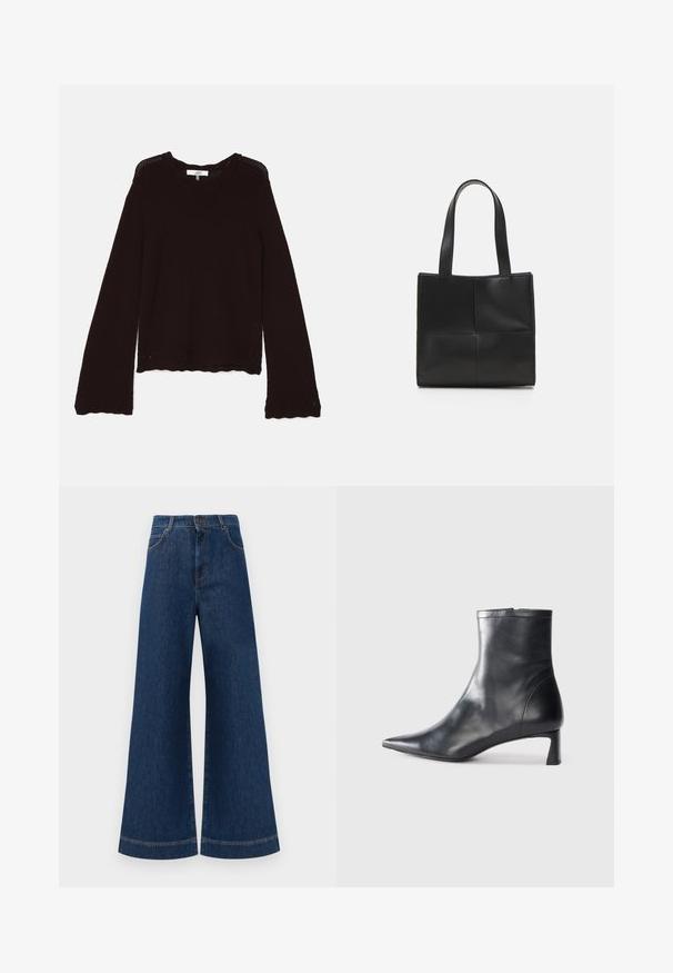 Suéter de punto marrón oscuro con cuello acanalado, mangas largas y dobladillo con forma de onda, decorado con un patrón calado a lo largo de los bordes.; Jeans de mezclilla azul de pierna ancha con una cintura alta, que cuentan con un cierre de botón, pasadores para cinturón y detalles de costura sutil a lo largo de los bolsillos y los dobladillos.; Botín de cuero negro hasta el tobillo con punta afilada y un diseño elegante. Presenta un tacón bajo y un cierre con cremallera en la parte trasera. Textura suave.; Bolso tote de cuero negro con dos asas, forma rectangular, textura suave y diseño de paneles cosidos. Sin herrajes ni acentos adicionales.