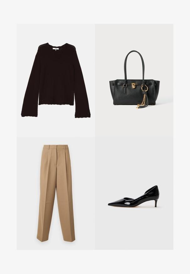 Tmavohnědý pletený svetr s vroubkovaným výstřihem, dlouhými rukávy a vlnkovaným lemem s dekoračním otvorovým vzorem podél okrajů.; Béžové zakázkové kalhoty s vysokým pasem, na přední straně skladkami a širokým střihem. Tkanina se zdá být hladká s mírným leskem.; Černé lakované dámské boty s úzkou špičkou a nízkým podpatkem, zobrazené v profilu na jednobarevném světle šedém pozadí.; Černá kožená kabelka s dvojitými uchy, zlatým zámkem a řetízkem, a černo-bílým třásňovým doplňkem na bílém pozadí.