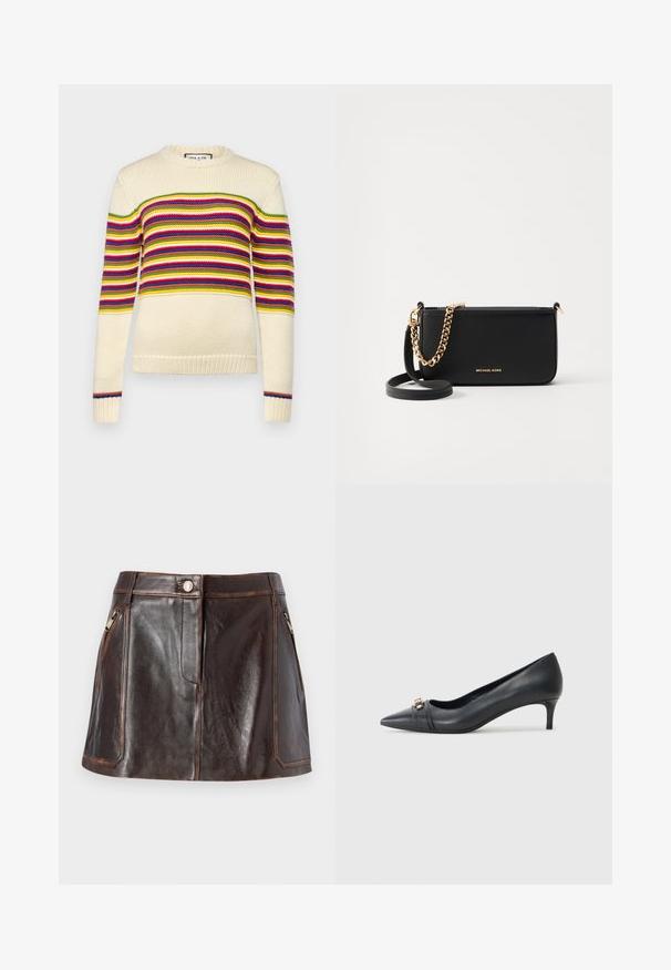 Kermanvärinen villatakki, jossa on vaakasuorat raidat punaisena, vihreänä, keltaisena ja sinisenä. Varustettu pyöreällä kaula-aukolla ja ribbautetuilla hihoilla. Neulottu rakenne.; Ruskea nahkainen mini-hame, jossa on tyylikäs muotoilu, kaksi vetoketjullista sivutaskua ja kontrastiväriset ompeleet reunoilla.; Korkokenno musta nahkakengät matalalla korolla, joissa on teksturoitu hihna ja metallinen yksityiskohta edessä. Sileä pinta ja virtaviivainen muotoilu.; Mustharako nahkakäsi, jossa on kultaketju, sileä pinta ja kultalogo. Mukana säädettävä hihna monipuolisuuden vuoksi.