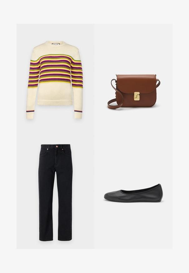 Cream-colored sweater with horizontal stripes in red, green, yellow, and blue. Features a round neckline and ribbed cuffs. Knitted texture.; White short-sleeve t-shirt made of ribbed fabric. Round neckline, regular fit, and subtle stitching details. No patterns or graphics.; Black denim jeans with a straight-leg cut, five-pocket design, copper button details, and minimal stitching visible.; Black leather ballet flat with a rounded toe, smooth texture, minimal stitching detail, and a flexible sole design.; Brown leather handbag with a flap closure, gold-tone hardware, a shoulder strap, and a smooth texture. Compact rectangular shape.