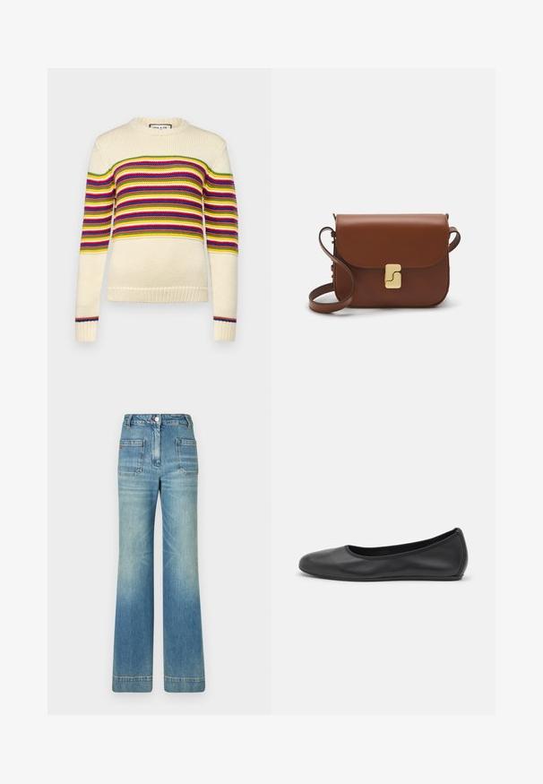 Maglione color crema con righe orizzontali in rosso, verde, giallo e blu. Caratterizzato da un collo rotondo e polsini a costine. Texture lavorata a maglia.; T-shirt bianca a maniche corte realizzata in tessuto a costine. Collo rotondo, vestibilità regolare e dettagli di cucitura sottili. Senza motivi o grafiche.; Jeans a zampa d'elefante in denim azzurro chiaro con cinque tasche, passanti per cintura, chiusura con bottone e una trama leggermente sbiadita, caratterizzati da un dettaglio con logo rosso sul retro.; Pantofole da balletto nere in pelle con punta arrotondata, texture liscia, dettagli di cucitura minimi e design con suola flessibile.; Borsa a tracolla in pelle marrone con chiusura a pattina, hardware color oro, tracolla e una finitura liscia. Forma rettangolare compatta.