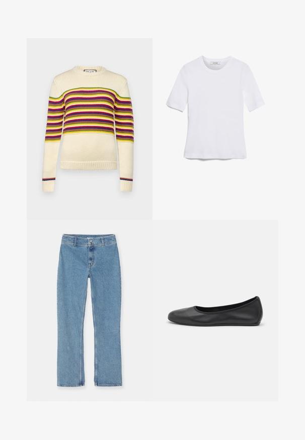 Cream-colored sweater with horizontal stripes in red, green, yellow, and blue. Features a round neckline and ribbed cuffs. Knitted texture.; White short-sleeve t-shirt made of ribbed fabric. Round neckline, regular fit, and subtle stitching details. No patterns or graphics.; Light blue straight-leg denim jeans with button and zipper closure, belt loops, and standard stitching on a white background.; Black leather ballet flat with a rounded toe, smooth texture, minimal stitching detail, and a flexible sole design.