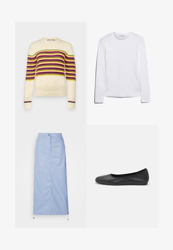 Cream-colored sweater with horizontal stripes in red, green, yellow, and blue. Features a round neckline and ribbed cuffs. Knitted texture.; Long-sleeve white T-shirt made of ribbed cotton, featuring a round neckline and a straight hem. Simple design with no patterns or accents.; Light blue, mid-length skirt made of smooth, lightweight material with a straight cut, features a front button closure and drawstring hem.; Black leather ballet flat with a rounded toe, smooth texture, minimal stitching detail, and a flexible sole design.