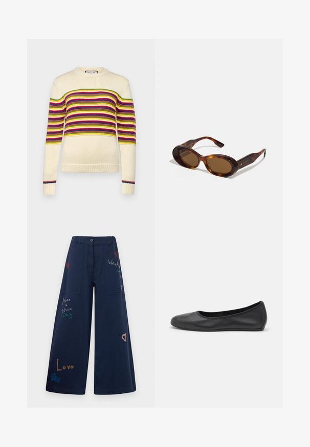 Kreemivärvi särk horisontaalsete triipudega punases, rohelises, kollases ja sinises. Omab ümmargust kaelust ja soonikkoes varrukaotsi. Kootud tekstuur.; Tumesinine laiad püksid puuvillast mitmete taskutega. Omaduseks on värviline tikandtekst ja graafika, sealhulgas südamed ja mängulised fraasid.; Musthave mustika tantsutossud mustast nahast, ümmarguse varbaga, siledast tekstuurist, minimaalse õmblusdetailiga ja paindliku tallakujundusega.; Kilpkonnakilbi päikeseprillid ovaalsete läätsedega, pruunis toonis ja kuldsete aksentidega käepidemetel. Paksed raamid läikiva viimistluse ja siledaga tekstuuriga.; Pruunist nahast käekott, millel on klapiga sulgur, kuldne riistvara, õlarihm ja sile tekstuur. Kompaktne ristkülikukujuline vorm.