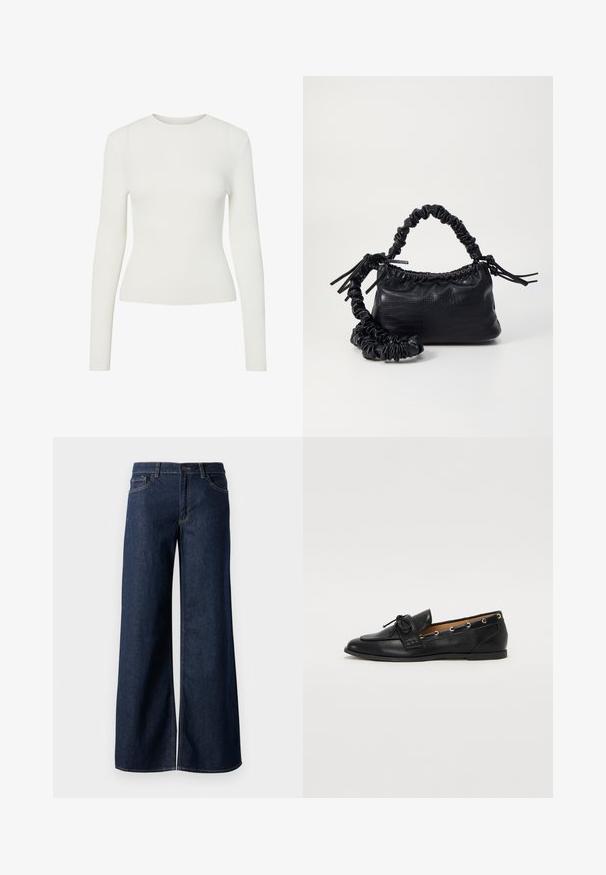 White long-sleeve ribbed top with a round neckline, fitted shape, and smooth texture. Minimalist design, no visible patterns or embellishments.; Wide-leg jeans in dark blue denim. Features contrast stitching, five pockets, and a button closure at the waist. Smooth texture.; Black leather loafers with a tied bow, featuring gold eyelet accents along the sides and a flat rubber sole. Smooth texture, classic design.; Black faux leather handbag with a crocodile texture, cinched top, and a scrunched strap. Appears soft and compact in design.