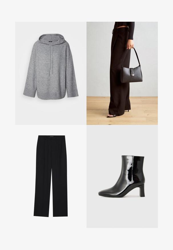 Grauer Kapuzenpullover aus weichem Stoff, mit lockerer Passform, gerippten Bündchen und einem Kordelzug am Hals.; Schwarze Hose mit geradem Bein, ausgestattet mit zwei frontalen Taschen und einem Taillenbund. Hergestellt aus einem glatten, leichten Stoff.; Schwarzer Lackleder-Stiefelette mit spitzer Zehe und einem mittelhohen Blockabsatz. Glatte Textur und minimalistisches Design.; Schwarze Handtasche mit strukturierter Form, glatter Textur und einem metallischen Verschluss. Kombiniert mit weiten schwarzen Hosen und offenen Sandalen auf einem Holzboden.