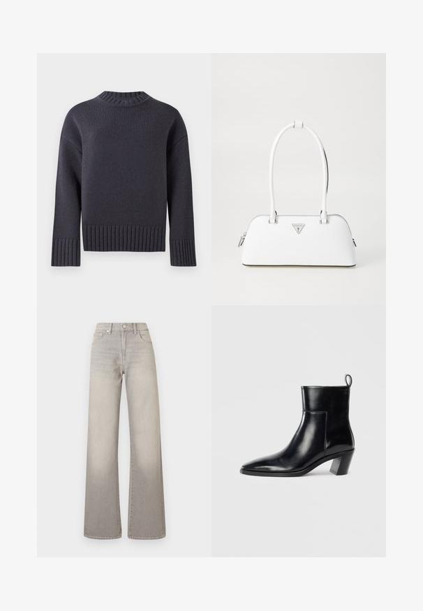 Marineblaue Strickjacke mit hohem Rippenkragen und breiten, gerippten Bündchen und Saum. Verfügt über einen lockeren Schnitt und strukturierter Stoff.; Graue weit geschnittene Jeans mit einem verblassten Finish, Knopfverschluss, fünf Taschen und gestickten Details entlang der Nähte.; Schwarze Leder-Ankleboots mit spitzem Zeh, geometrischem Blockabsatz und einem Zugband hinten. Glatte Textur und elegantes Design.; Weiße Lederhandtasche mit geschwungener Form, versehen mit einem silbernen dreieckigen Logo und einem Reißverschluss. Glatte Textur und zwei Griffe.