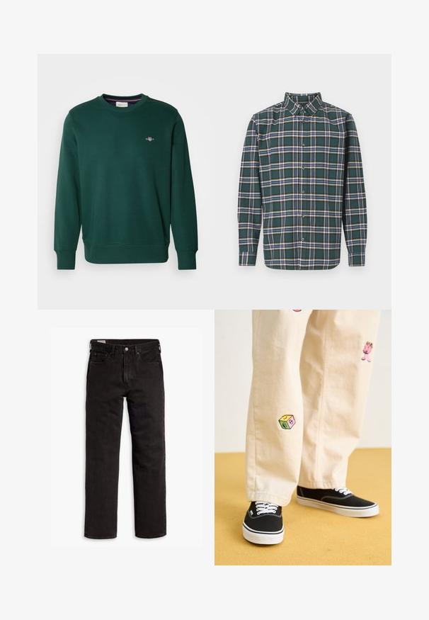 Zielona bluza wykonana z miękkiego materiału, z okrągłym dekoltem i długimi rękawami. Małe haftowane logo na piersi. Elastyczne mankiety i dół.; Zielona flanelowa koszula w kratę z niebieskimi, białymi i musztardowymi liniami. Zapięcie na guziki z przodu i spiczasty kołnierzyk. Długie rękawy.; Czarne dżinsy proste z pięcioma kieszeniami, zapięciem na guzik i paskiem, rozłożone na białym tle.; Beżowe bawełniane spodnie z zabawnymi haftowanymi wzorami, w tym różową postacią i kolorowym blokiem, w połączeniu z czarnymi sznurowanymi sneakersami.