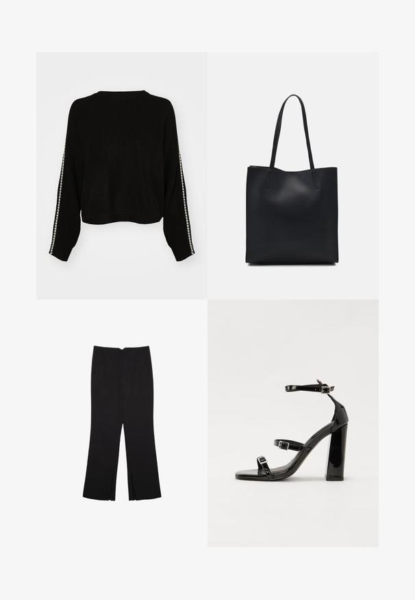 Svart, ribbad stickad tröja med cropped design och långärmar. Har en kontrasterande vit rand längs ärmarna.; Svarta byxor med rak passform, utrustade med framfickor och sidoklyvningar vid fållen. Tillverkade av mjukt, slätt tyg. Lämpliga för olika tillfällen.; Svarta lackerade högklackade sandaler med två spännband, fyrkantig tå och en tjock klack, med en slät och glansig yta.; Svart lädertoffelväska med slät textur, rektangulär form och två långa handtag. Ingen synlig hårdvara eller dekorationer.