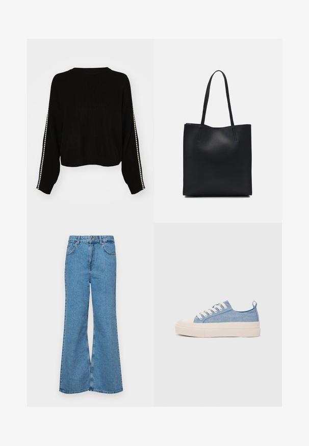 Juodas, standus megztinis su trumpa prasme ir ilgomis rankovėmis. Yra kontrastingas baltas dryžuotas apdaila aplink rankoves.; Šviesiai mėlynos flared džinsai, pagaminti iš džinsinio audinio, su aukštu liemeniu, penkiomis kišenėmis ir vienu mygtuko užsegimu. Minkštas paviršius su išblukusiu efektu.; Šviesiai mėlyni drobės sportbačiai su kreminiu guminiu pirštų apsaugos ir pado elementu, balti raišteliai ir kilpa ant kulno.; Juodas odinis tote krepšys su lygia tekstūra, stačiakampio formos ir dviem ilgais rankenomis. Matomų metalinių detalių ar puošybos nėra.