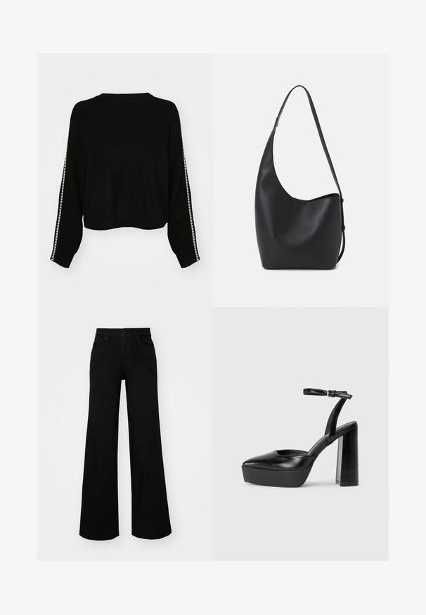 Musthave, soonik tume ribadega kampsun, millel on lühike lõige ja pikad varrukad. Omab kontrastset valget triipu varruka ääres.; Mustad mustad püksid, mis on valmistatud denimist, struktuurse vöökohtade, vöökootidega ja esikottidega. Sile tekstuur klassikalise disainiga.; Mustad platvormi kontsad terava ninaga ja reguleeritava pahkluuraamiga. Valmistatud siledast nahast, funktsioneerib massiivse plokknäheeliga.; Mustast nahast hobo kott, millel on sile tekstuur, kumer kuju ja üks reguleeritav rihm; peal on lai avaus.