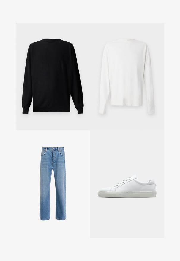 Svart sweatshirt med långa ärmar, rund halsringning och ribbade mudd. Har en diskret präglad logotyp på vänster bröst.; Vit långärmad skjorta i bomull med rund halsringning, sidofickor längst ner och en slät yta, visad bakifrån.; Ljust blå denimjeans med rak passform, fem fickor, knappstängning, minimal blekning och kontrasterande sömdetaljer.; Vit sneaker med en slät läderövre och låg profil. Har en rundad tå, sex snörhål och en strukturerad gummisula.