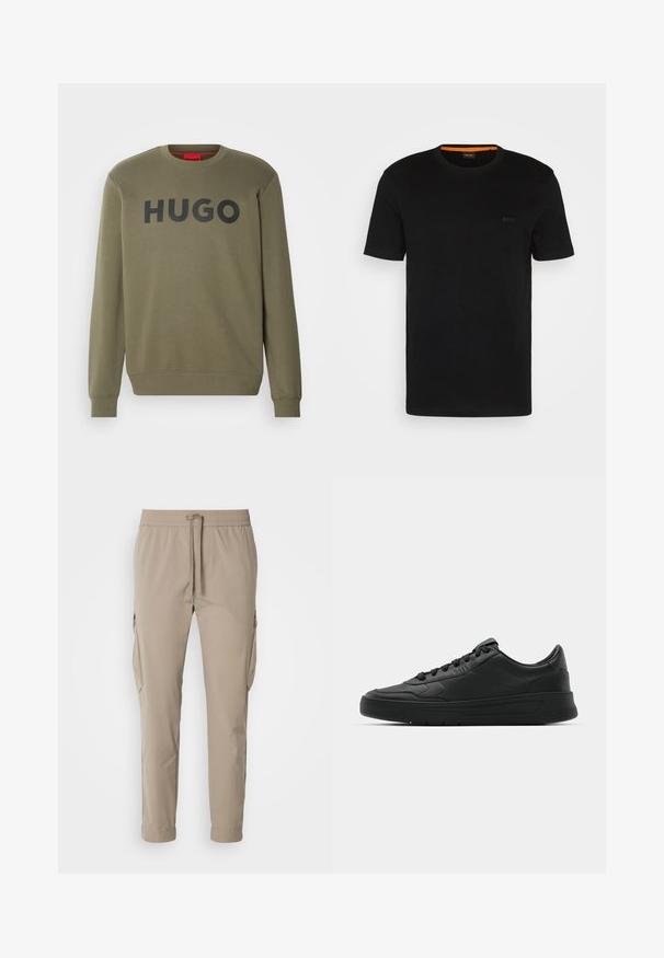 HUGO DEM - Sweatshirt - dark beige; Svart kortermet t-skjorte laget av myk stoff, med rund hals og en subtil logo foran. Inni kragen er det oransje detaljer.; Beige cargo bukser med elastisk talje og snor. Har sidelommer og design med tapered ben, lavet af letvægtsstof.; Sorte sneakers med glatt skinnøvre, rund tå, flate lisser, polstret krage og minimalistisk design. Gummisåle med subtilt mønster.