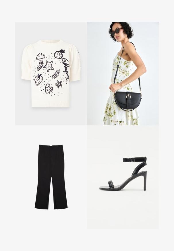 Valkoinen lyhythihainen neulepaita, jossa on mustia brodeerattuja kuvioita: sydämiä, tähtiä, mansikoita ja pisteitä. Kestävä neule, jossa on puffihihoja.; Mustat housut suoralinjaisella leikkauksella, joissa on etutaskut ja sivurei'ät helman alla. Valmistettu pehmeästä ja sileästä kankaasta. Sopii eri tilaisuuksiin.; Musta korkokenkä, jossa on kiiltävä pinta, kahdella kapealla hihnalla ja nilkkahihnalla, asetettuna hoikalle stiletto-korkealle.; Musta nahkainen käsilaukku, joka on kaareva muotoilultaan, irrotettavalla hihnalla ja kultaisilla yksityiskohdilla. Laukussa on läppä, jossa on solk yksityiskohta.