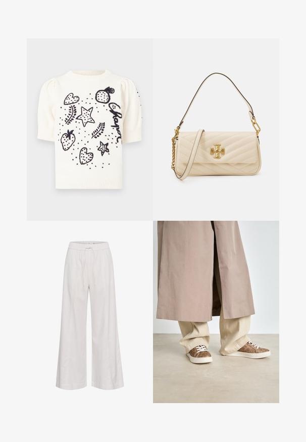 Weißer kurzärmeliger Pullover mit schwarzen gestickten Designs von Herzen, Sternen, Erdbeeren und Punkten. Strukturiertes Strickmaterial mit puffigen Ärmeln.; Weite Hosen aus weich weißem Stoff mit einem elastischen Bund und Kordelzug, glatter Textur und ohne zusätzliche Verzierungen.; Beige Trenchcoat über hellbeigen weiten Hosen. Braune Sneakers mit strukturiertem Muster und weißen Schnürsenkeln. Glatter, minimalistischer Boden.; Gepolsterte cremefarbene Handtasche mit goldfarbenem Logo-Akzent, ausgestattet mit einer Ketten- und Ledertrage. Strukturiertes Design und glatte Textur mit diagonalen Nähten.