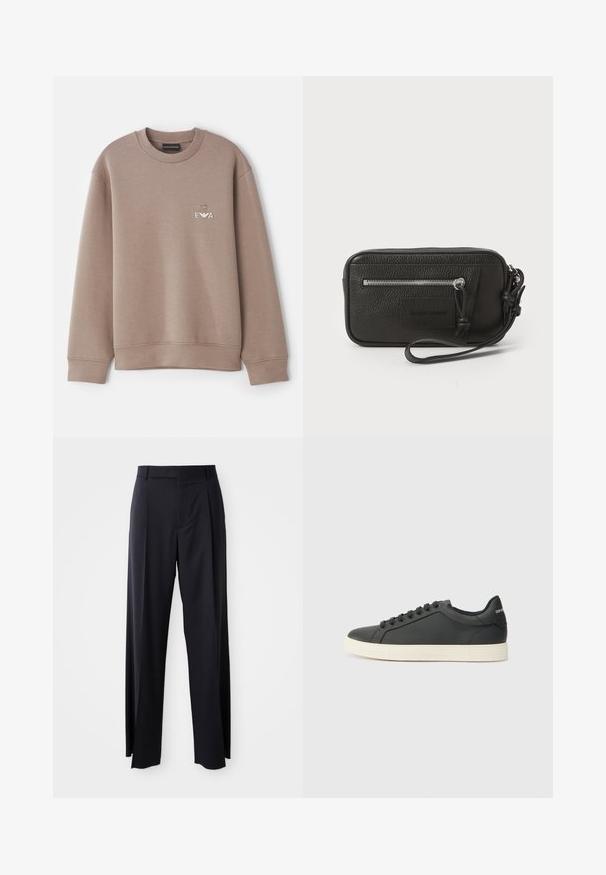 Rudas džemperis, pagamintas iš minkštos medžiagos. Su apykakle ir guminėmis rankovėmis. Dekoratyvinis „EVA“ logotipas ant krūtinės su emblema virš jo.; Juodi, aukštai užtraukiami kelnių modeliai su plačiomis kojomis, pagaminti iš lygaus audinio. Yra priekiniai raukšlės ir diržo kilpos. Minimalistinio dizaino, be matomų detalių.; Juodos odinės sportinės bateliai su žemu profiliu, apvaliu pirštu ir raištelių uždarymu; turi tekstūruotą guminį padą ir logotipo detalę ant kulno.; Juodas odinis delninukas su tekstūruotu paviršiumi, priekinė užtrauktuko kišenė ir nuimama riešo juosta. Priekyje yra logotipo etiketas. Stačiakampio formos.