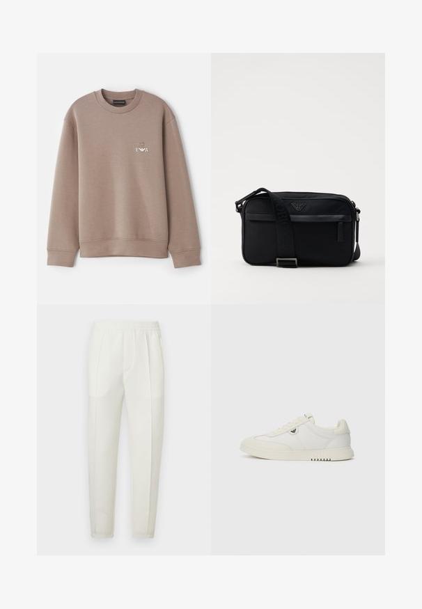 Sweatshirt castanho feito de material macio. Apresenta um decote redondo e punhos canelados. Logótipo decorativo "EVA" no peito com um emblema acima.; Calças brancas de corte slim com cintura elástica, apresentando dois bolsos laterais e uma textura suave e ligeiramente brilhante.; Sapatilha branca de cano baixo com fecho de atacadores, sola lisa e pequeno logótipo metálico na lateral, mostrada em fundo simples.; Carteira de ombro em nylon preto com uma alça contrastante, formato retangular elegante, detalhe do logótipo e um bolso com fecho na parte da frente.