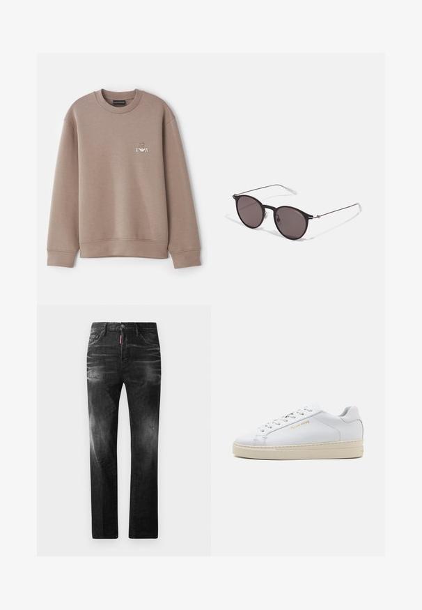 Sweatshirt castanho feito de material macio. Apresenta um decote redondo e punhos canelados. Logótipo decorativo "EVA" no peito com um emblema acima.; Jeans de denim preto com um corte reto. Apresentam áreas desbotadas, ligeira degradação, design clássico de cinco bolsos e um fecho de botão.; Sapatilha de couro branca com bico arredondado, atacadores planos e sola de borracha creme. Apresenta uma marcação subtil em dourado e uma textura suave.; Óculos de sol redondos pretos com lentes escuras e hastes metálicas finas. Inclui pontas de templo transparentes e detalhes em prata na dobradiça. Design minimalista.