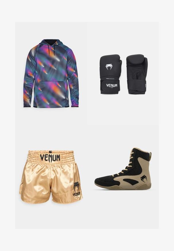 Kapšinis džemperis iš lygaus, elastingo audinio su tamsiu fonu ir ryškiomis, abstrakčiomis daugiaspalvėmis išraidėmis. Priekyje yra kišenė.; Auksiniai satino bokso šortai su juodu "VENUM" logotipu ant juosmens ir šonų, pasižymintys lygiu paviršiumi ir elastingu juosmeniu patogumui.; Aukštesni sportiniai batai, turintys juodą tinklinį paviršių su smėlio spalvos akcentais. Tekstūruota gumos pašiūrė ir logotipo detalė šonėje.; Juodos bokso pirštinės su lygiu paviršiumi, su baltu "Venom" logotipu ir reguliuojamu kabliuko ir kilpelės dirželiu, užtikrinančiu saugų prigludimą.