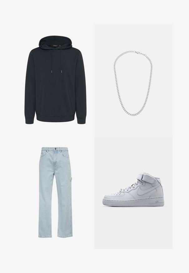 Tmavo šedá mikina s kapucňou vyrobená z mäkkej tkaniny. Vybavená šnúrkou na stiahnutie, dlhými rukávmi a rebrovanými manžetami a spodným lemom. Hladká textura, jednoduchý dizajn.; Svetlomodré denimové džínsy so strihom rovného nohavice, s prednými a zadnými vreckami a bočným cargo vreckom. Hladký povrch, neformálny štýl.; Vysoké šedé tenisky Nike Air Force 1 s koženým zvrškom, polstrovaným golierom a suchým zipsom. Ikonický dizajn má perforovanú špičku.; Strieborný kovový náhrdelník z retiazky s prepojenými článkami a bezpečnou sponou, hladký povrch, rovnomerný finiš a klasický dizajn.