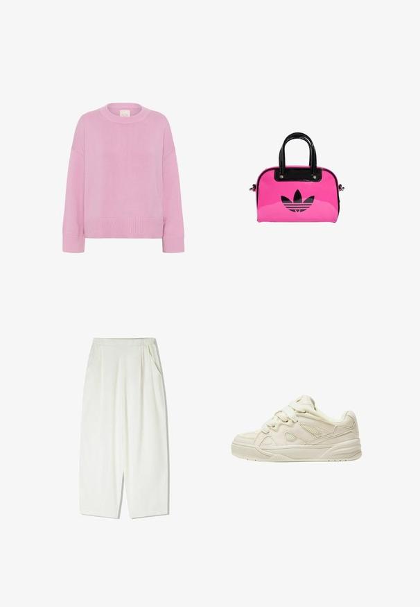 Ružičasti pleteni pulover s okruglim izrezom, spuštenim ramenima i rebrastim manžetama. Tkanina ima mekanu teksturu i ležeran kroj.; Labave hlače do koljena slobodnog kroja, izrađene od lagane tkanine, s bočnim džepovima i gumiranim pojasom.; Bež tenisice s teksturiranim gornjim dijelom, istaknutim vezicama, mrežastim panelima i debelim potplatom. Zakrivljeni dizajn s podstavljenim izrezom za udobnost.; Roze patentna torbica sa crnim logotipom i drškama, sa zaobljenim oblikom i zatvaranjem na patentni zatvarač. Sjajna tekstura poboljšava vidljivost.