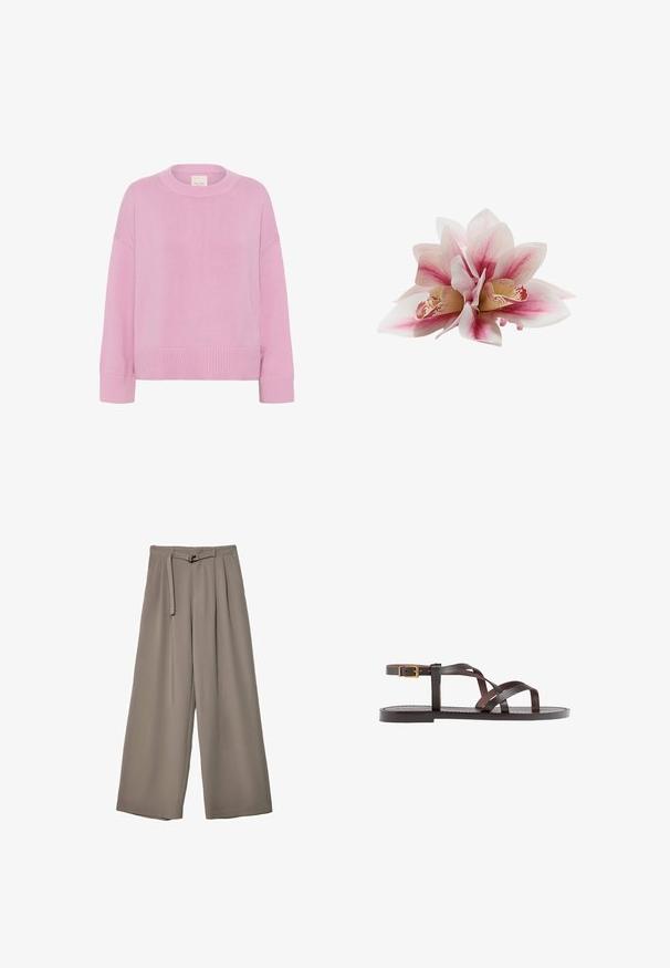 Ružový pletený sveter s okrúhlym výstrihom, spustenými ramennými švami a rebrovanými manžetami. Tkanina má mäkkú štruktúru a voľný strih.; Široké nohavice v jemnej, tlmenej šedej tkanine, s opaskom v pase a vreckami pre dodatočný dizajnový detail. Hladký povrch, bez vzorov.; Hnedé kožené sandály s krížovými popruhmi, uzatváraním na pracku okolo členku a plochou podrážkou s minimálnymi ševmi.; Umelá orchidea s veľkými, mäkkými okvetnými lístkami v bielych a ružových odtieňoch, s žltými akcentmi a zložitými škvrnami na stredných kvetoch.