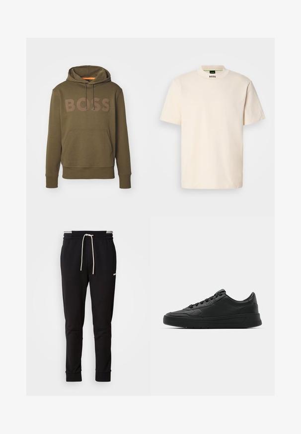 Olivgrüne Kapuzenjacke aus weichem Material mit einer vorderen Kängurutasche, Zugbändern und großem "BOSS"-Logo in einem kontrastierenden Farbton.; Cremfarbener Kurzarm-T-Shirt mit hohem Kragen, auf dem die Aufschrift "BOSS" in Schwarz auf der Vorderseite des Halsausschnitts und im Etikett innen gedruckt ist.; Schwarzere Slim-Fit-Jogginghose mit weißem Kordelzug, gerippten Bündchen und subtilen Logo am Oberschenkel auf einem schlichten Hintergrund.; Schwarze Sneaker mit glattem Lederobermaterial, runder Zehenpartie, flachen Schnürsenkeln, gepolstertem Kragen und minimalistischem Design. Gummisohle mit subtiler Profilierung.