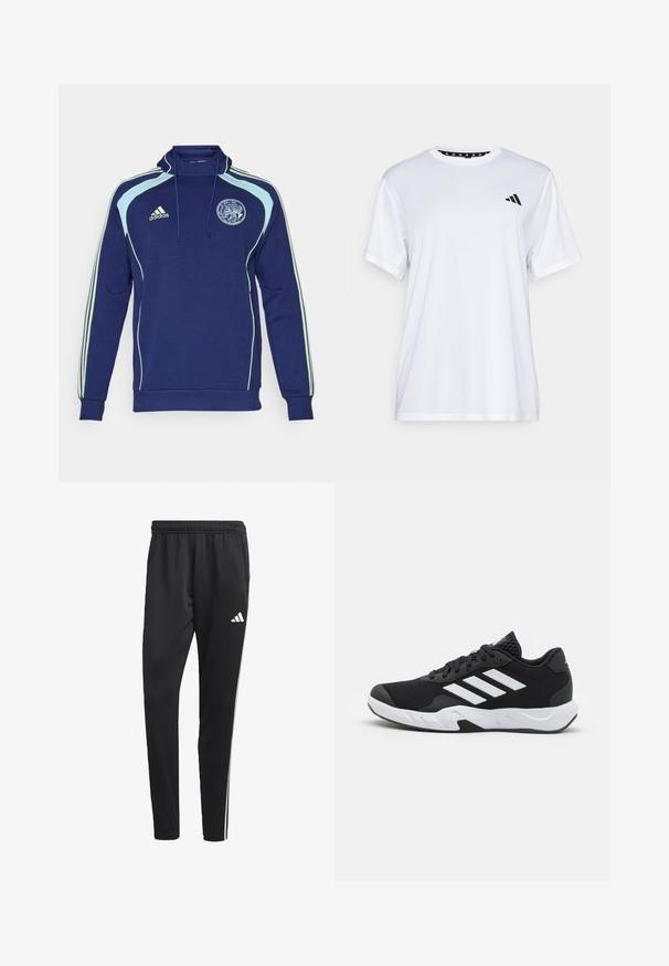Felpa blu navy con dettagli azzurri, caratterizzata da un colletto alto, stringente e logo sul petto. Realizzata in tessuto morbido e strutturato.; Maglietta sportiva bianca a maniche corte, realizzata in tessuto traspirante. Presenta un logo nero sul lato sinistro del petto e un collo interno a fantasia.; Pantaloni sportivi neri con una cintura elastica, strisce laterali bianche e un piccolo logo bianco sulla coscia. Realizzati in un materiale liscio e leggero.; Scarpe da ginnastica nere con una tomaia in mesh texturizzata, strisce bianche di accento, suola imbottita e tallone rinforzato per supporto.