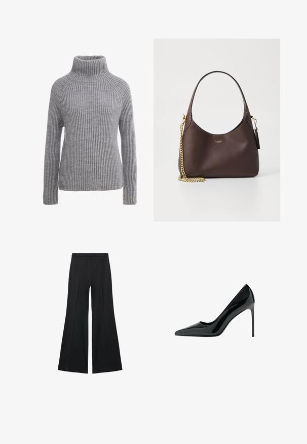 Maglione grigio lavorato a maglia con colletto alto, texture a costine e maniche lunghe. Presenta cuciture raglan e una silhouette aderente.; Pantaloni neri a gamba larga con una texture liscia, caratterizzati da pieghe frontali e un design sartoriale. Il tessuto è leggero e fluido.; Décolleté nera in vernice con tacco a spillo e punta affilata, dalla texture liscia e lucida; tacco alto e sottile; design minimalista.; COACH BROOKLYN SHOULDER BAG 23 - Borsa a mano - maple