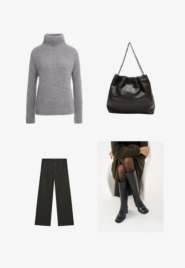 Grauer Strickpullover mit hohem Rollkragen, gerippter Textur und langen Ärmeln. Verfügt über Raglan-Nähte und eine taillierte Silhouette.; Schwarz-weiße, weit geschnittene Jeans mit mittelhohem Bund, zwei Vorderentaschen und einem klaren, minimalistischen Design ohne sichtbare Verzierungen.; Knöchelhöhe schwarze Lederstiefel mit quadrater Spitze und Blockabsatz, gezeigt mit einem Modell, das einen olivgrünen Mantel trägt. Glatte Textur, minimale Details.; Braune Lederhandtasche mit gerafftem Oberteil und Kettenriemen. Glatte Textur mit glänzendem Finish und subtilen Nahtdetails an den Seiten.