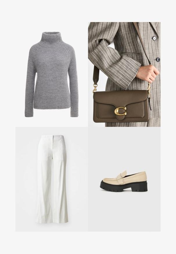 Maglione grigio lavorato a maglia con colletto alto, texture a costine e maniche lunghe. Presenta cuciture raglan e una silhouette aderente.; Pantaloni bianchi a vita alta, larghi, realizzati in tessuto leggero. Presentano una parte anteriore piatta, tasche posteriori e un design pulito e semplice.; Mocassini in pelle beige con suola nera spessa, caratterizzati da una fibbia decorativa e dettagli di cucitura sulla parte anteriore. Vista laterale.; COACH TABBY SHOULDER BAG 26 - Borsa a mano - dark stone