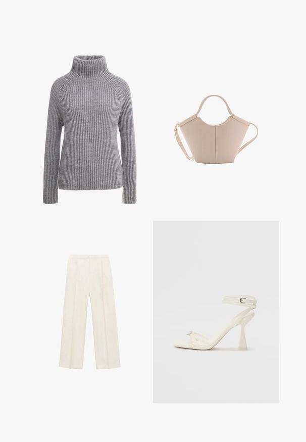 Grå strikket sweater med høj krave, ribbede teksturer og lange ærmer. Har raglan-sømme og en tætsiddende silhuet.; Bredbenede bukser i en lys cremefarve. Fremstillet af et glat stof med plisseringer foran og sidelommer.; Sandal med høj hæl i hvid læder med et elegant design, en transparent blokhæl og et dekorativt element ved tåen.; Lysebrun læderhåndtaske med en unik form, featuring to korte håndtag og et langt justerbart rem. Glat tekstur med minimal hardware.