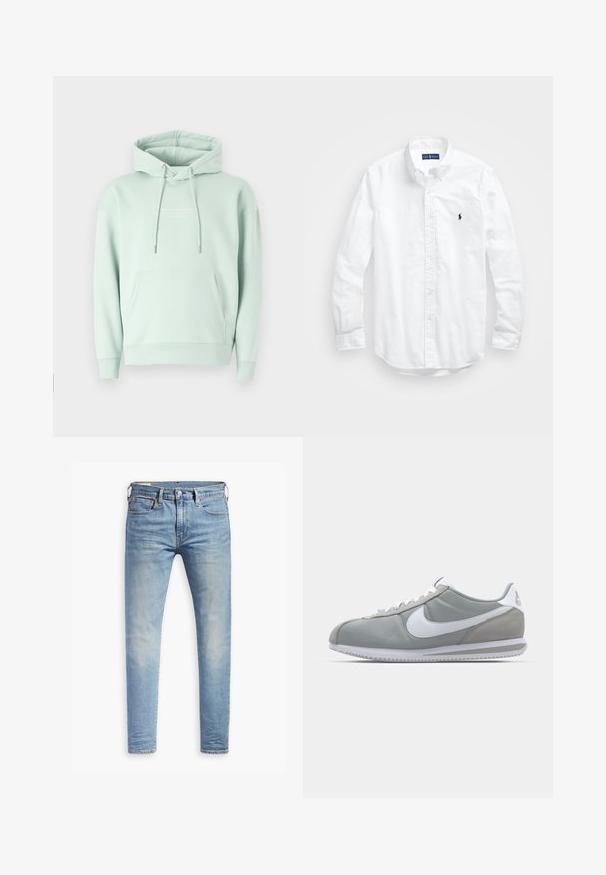 Hanorac verde mentă dintr-un amestec de bumbac. Include o buzunar tip kangaroo, glugă cu șnur reglabil și manșete întărite, având un logo pe piept.; Cămașă albă cu mânecă lungă și nasturi din bumbac. Are un guler clasic, manșete cu nasturi și un mic logo brodat în navy pe piept.; Jeans slim-fit de culoare albastru deschis, cu un ușor efect de decolorare pe coapse, închidere frontală cu nasture, bucle pentru Curea și stil de cinci buzunare, pe un fundal alb.; Pantofii sport gri au un superior din suede și textil, cu simbolul Nike alb și șireturi albe. Dispun de o talpă din cauciuc texturat și un guler căptușit.