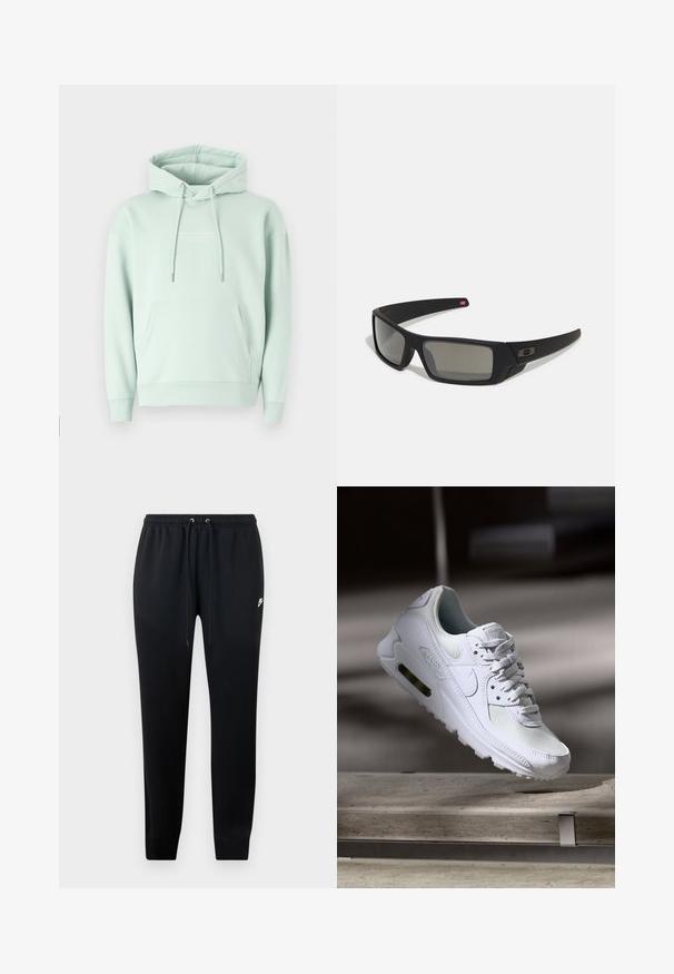 Sudadera verde menta hecha de una mezcla de algodón. Cuenta con un bolsillo canguro, capucha ajustable con cordón y puños acanalados con un logotipo en el pecho.; Pantalones deportivos negros de tejido suave, con una cintura elástica y cordones, tobillos rematados y un pequeño logo en el lateral.; Zapatilla Nike Air Max 90 blanca con parte superior de malla y cuero, caja de puntera perforada y unidad de aire visible en el talón.; Gafas de sol negras con acabado mate, lentes rectangulares, ligera curvatura en las patillas, sutil detalle del logo y lentes ahumados.