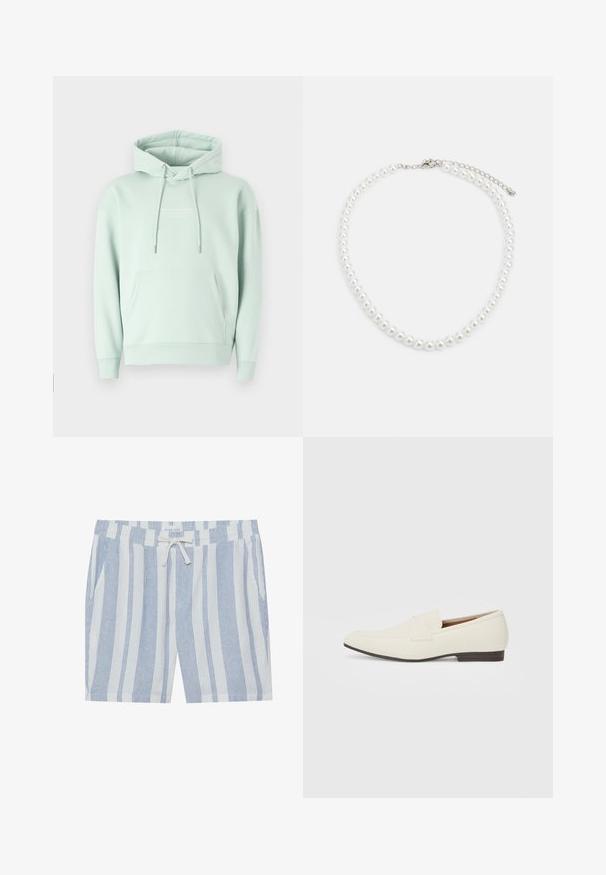 Felpa verde menta realizzata in misto cotone. Presenta una tasca a marsupio, un cappuccio regolabile con cordino e polsini a coste con un logo sul petto.; Pantaloni corti a righe in tessuto leggero, con righe verticali blu e bianche, vita elastica con cordoncino e tasche laterali.; Mocassini beige chiaro con punta affusolata, materiale liscio, una fascia sulla tomaia e una suola bassa marrone. Design semplice con accenti minimi.; Collana di perle bianche con forma rotonda uniforme, superficie liscia e chiusura in metallo con catena di estensione per lunghezza regolabile.