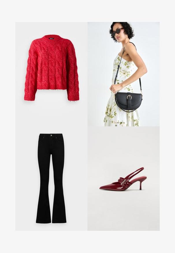 Sweater vermelho de malha com padrão cabedal, gola redonda, mangas longas e design cropped. O material parece suave, apresentando um padrão texturizado.; Jeans pretos de cintura alta com fecho de botão e zíper, bolsos frontais e pernas largas dispostos em cima de um fundo branco.; Sapatos de salto slingback em verniz vermelho, com bico fino, duas tiras com fivela e um salto stiletto fino de altura média. Textura suave.; Bolsa de couro preta com forma curva, alça destacável e detalhes em dourado. A bolsa possui uma aba com detalhe de fivela.