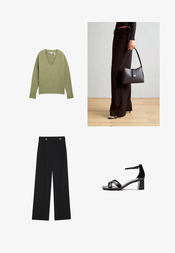 TOM TAILOR DENIM MIT V-AUSSCHNITT - Džemperis - greyish green melange; Melnas platās bikses ar augstu jostasvietu, pogu detaļām uz jostas un priekšējām krokām.; Melnas atvērtās pirkstgala augstpapēžu čības ar krusteniskām siksnām, regulējamu potītes siksnu un masīlu papēdi, ar gludu ādas virsmu.; Melnā somiņa ar strukturētu formu, gludu tekstūru un metālu sprādzi. Saskaņota ar platām melnām biksēm un sandālēm ar atvērtu purngalu uz koka grīdas.