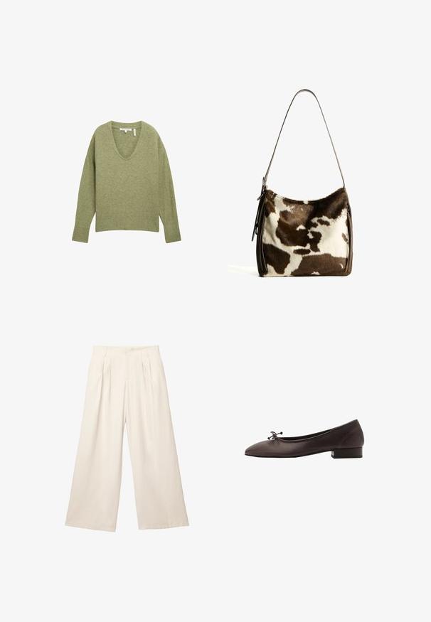 TOM TAILOR DENIM MIT V-AUSSCHNITT - Pulover - greyish green melange; Široke hlače v svetlo bež barvi z mehkega, teksturiranega materiala. Imajo sprednje gube in elastičen pas za sproščen videz.; Rjave usnjene balerinke z zaobljenim nosom in majhnim blokastim peto. Opremljene so z tanko pentljo spredaj in subtilnimi šivi.; Rjav in krem torba iz kravjega usnja s gladkim usnjenim trakom, z zadrgo in mehko, strukturo površino, ki prikazuje naravni vzorec.