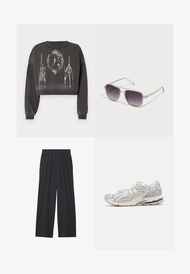 Pelēks saīsināts džemperis ar teksturētu apdari, kura centrā atrodas balts grafisks attēls ar greznu ēku siluetiem un pulksteni.; Platas piegriezuma bikses no tumši pelēka auduma. Iezīmes - izgriezumi jostasvietā, veidota forma un taisna silueta.; Skriešanas apaviem ir sudraba un baltas krāsas acu materiāls ar zaļu akcentu. Zole ir masīva un teksturēta, izstrādāta, lai nodrošinātu amortizāciju un atbalstu.; Skaidru rāmju saulesbrilles ar kvadrātveida formu un gradienta pelēkiem stikliem. Tievie sudrabainie akcenti uz tempļiem piešķir detaļu.