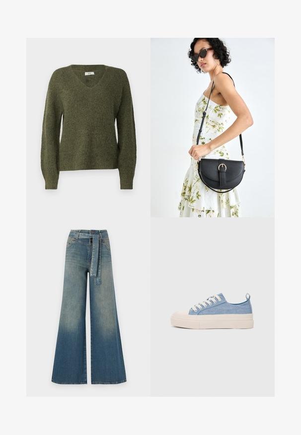 JDY JDYINGEBORG ADA LIFE V-NECK - Jumper - winter moss; Wide-leg denim trousers featuring a light to dark blue gradient, high waist, belt loops, and a matching fabric belt. Textured denim finish.; Light blue canvas sneakers with a cream rubber toe cap and outsole, featuring white laces and a pull tab on the heel.; Black leather handbag with a curved shape, detachable strap, and gold hardware. The bag features a flap with a buckle detail.