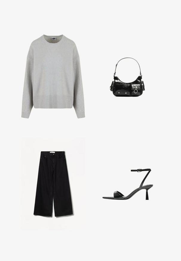 Svetlo siva pletena jopica z okroglim izrezom, spuštenimi rameni in rebrastim robom. Mehka tekstura in sproščen kroj.; Bershka WIDE-LEG - Široke hlačnice - black; Bershka Sandali z visoko peto - black; Črna lakasta usnjena torbica s ukrivljeno obliko, enim ramenskim trakom, sprednjimi žepi in srebrnimi kovinskimi dodatki.
