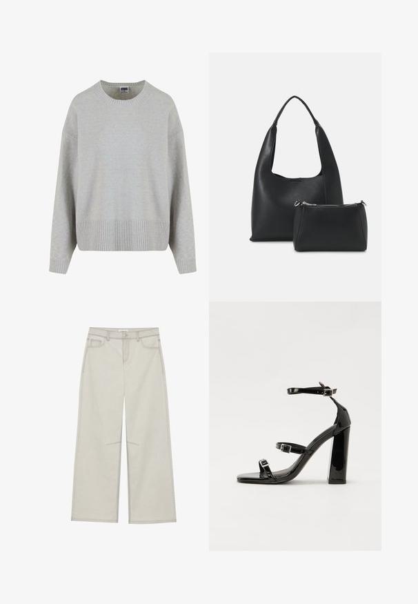 Gaišpelēks adīts džemperis ar apaļu kaklu, nokareniem pleciem un ribotu apakšmalu. Mīksts audums un brīvs piegriezums.; Gaiši pelēkas platās bikses ar piecām kabatām, priekšējo pogu aizdari un kontrastējošiem šuvju ieliktņiem. Audums izskatās mīksts un izturīgs.; Melnas lakotas augstpapēžu čības ar kvadrāta purngalu, potīšu siksniņām un sudraba sprādzēm. Aprīkotas ar masīvu bloku papēdi stabilitātei.; Even&Odd Rokassoma - black