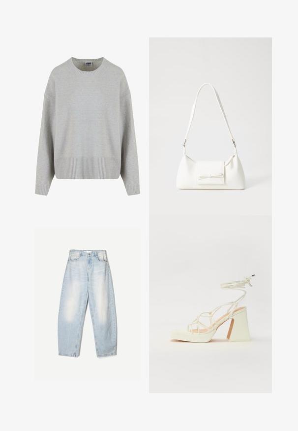 Svetlo siva pletena jopica z okroglim izrezom, spuštenimi rameni in rebrastim robom. Mehka tekstura in sproščen kroj.; Svijetloplave traperice slobodnog kroja, s izbjeljenom završnom obradom, dva prednja džepa i kopčom na gumbe na pojasu.; Bela sandala na visokih petah s debelim petam, ki ima obliko trakcev in vezanje okoli gležnja. Gladka tekstura z platformo spredaj za dodatno višino.; Bela sintetična torbica v obliki trikotnika, z ravnim sprednjim poklopcem in detajlom mašne, nastavljivim trakom, gladko teksturo in minimalističnim dizajnom.